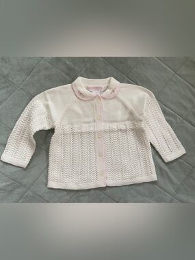Janie and Jack Cream Knit Cardigan with Pink Trim